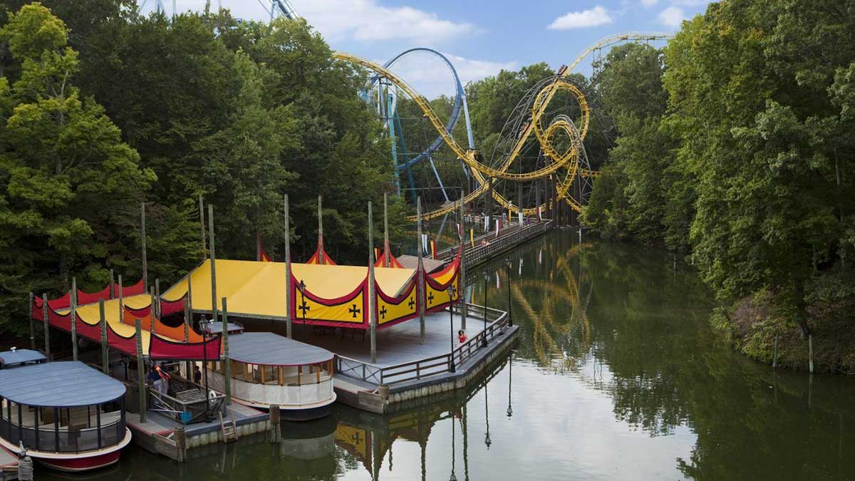 aerial view of Pantheon Roller Coaster Busch Gardens in Williamsburg, Virginia, USA